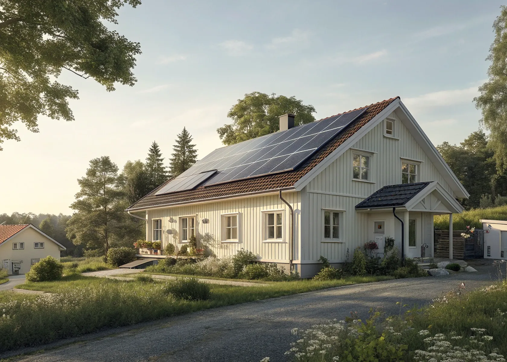 vitt hus med solpaneler