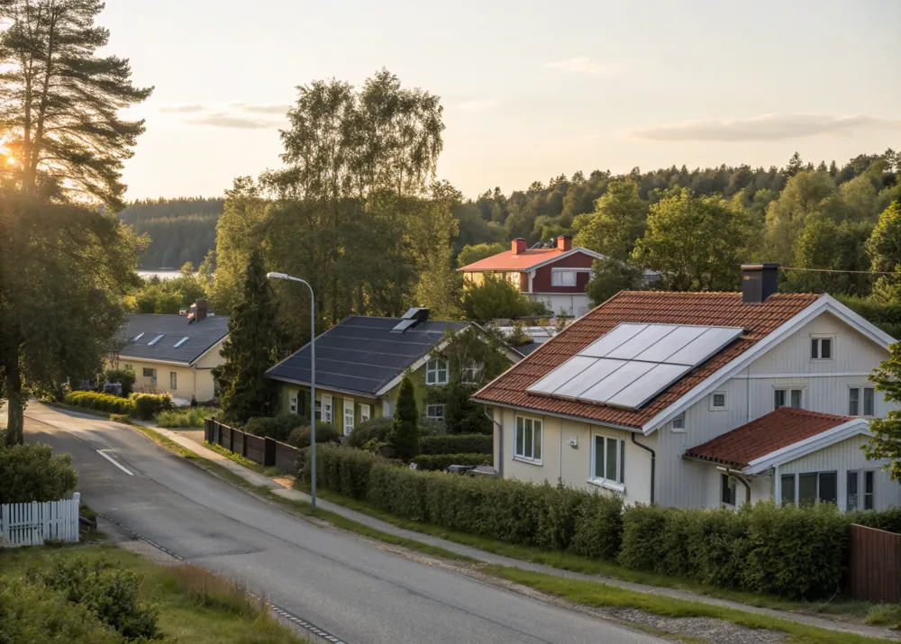översiktsbild på kvarter med solpaneler